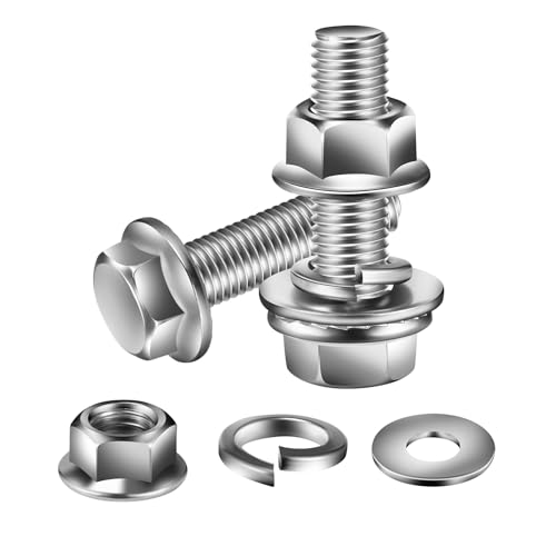 M6 x 16mm Flanged Hex Head Bolts, Nuts, Flat &amp; Lock Washers, 10Pcs 18-8 (304) Stainless Steel, Fully Threaded, by SG TZH