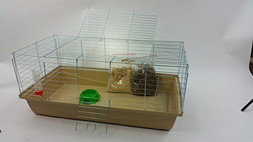 Nagerkäfig,Hasenkäfig,Meerschweinkäfig,Käfig,Rabbit,Zwergkaninchen ca. 100x54x43cm beige jetzt mit GRATIS Futternapf, Trinkflasche und Heuraufe
