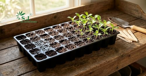 Image of SJ Organics Seed Starter Tray - Pack of 5 (48 Cells Each) | Heavy Duty Germination Tray for Vegetables, Flowers & Hydroponic Gardening