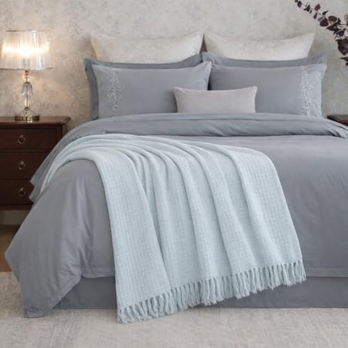 Image of HOMEMONDE 100% Cotton Handloom Waffle Throw Blanket for Sofa & Bed | Soft Lightweight Decorative Throw with Tassels | All-Season Couch, Chair & Bed Throw (50 x 60 Inches - Ice Blue)