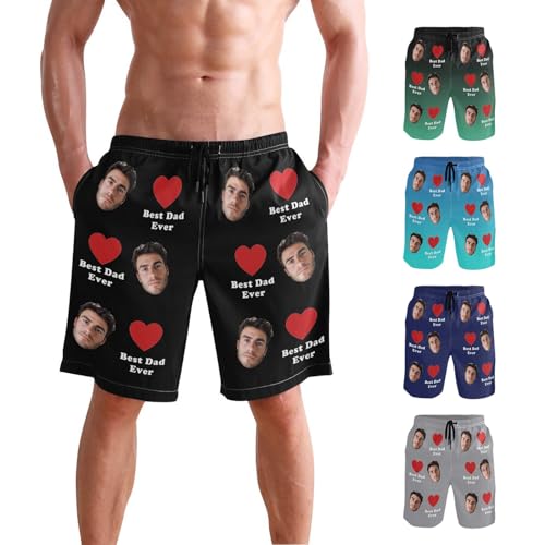 Customized Photo Men's Beach Shorts for Dad, Personalized Best Dad Ever Black Swim Trunks for Pool Party
