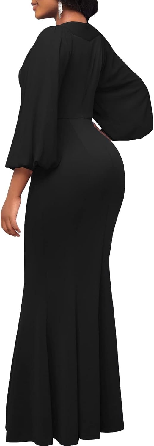 HugeNice Colorful Maxi Dresses for Women Sexy Long Sleeve Deep V Neck Bodycon Floor Length Dress - Image 3