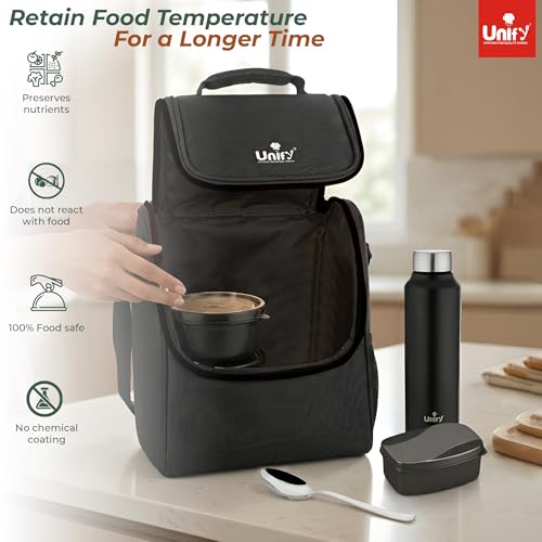 Image of Unify MealMate Lunch Box with 3 Microwave Safe Inner Steel Containers (500ml, 350ml, 200ml), 130ml Plastic Chutney Dabba, Water Bottle 750ml & Spoon | Office Tiffin with Insulated Bag, Black