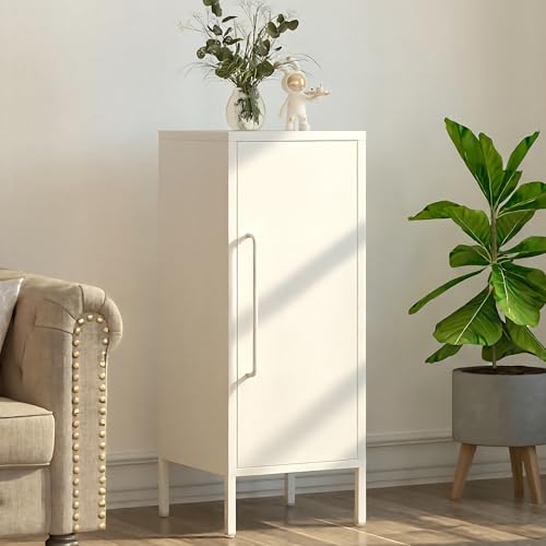 PEROKIER Metal Storage Cabinet with 2 Adjustable Shelves Small Storage Cabinets with Door for Office Kitchen Bathroom Living Room Pantry Garage (White)