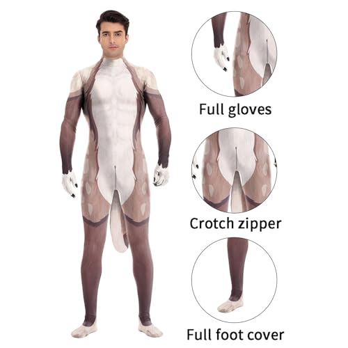 Image of Animal Full Bodysuit for Men Muscle Spandex Jumpsuit Furry Costume with Big Tail for Adult Cosplay Halloween Party