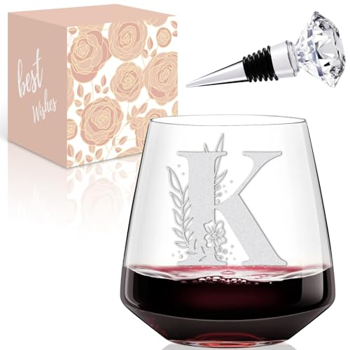 Personalized Wine Glass for Women – Custom Etched A–Z Initial, Dishwasher Safe | Birthday Gift for Her, Mom, Sister, Best Friend | Monogram Wine Lover Gifts for Women,Bridesmaid, Graduate(K)