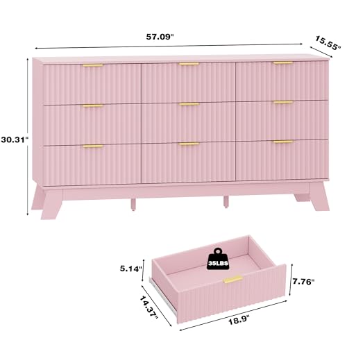 Image of Fluted Dresser for Bedroom with 9 Drawers, 57 inch Pink Dressers & Chest of Drawers for Girls, Mid Century Modern Dresser of Closet TV Stand, Boho Wood Chests of Drawer for Living Room, Hallway, Pink