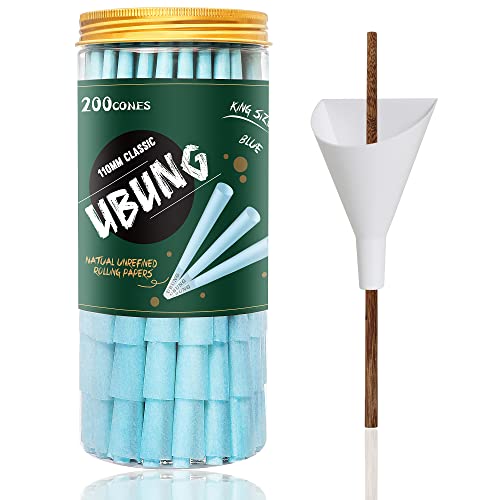 UBUNG 200 Stück Große Größe Blau Konisch vorgedrehte Hülsen (King Size 108 mm Konisch Papiers Hülsen) Einschließlich 1 Trichterlader und 1 Putter für Verpackungen und 4 Joint Hülsen Cover
