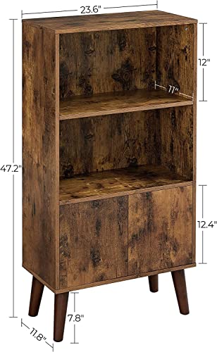 Tinkle Well Bookcase With Doors, Industrial Floor Storage Cabinet With 2-Tier Shelves, Bookshelf W/Legs For Kitchen, Living Room, Bedroom And Home Office, Rustic Brown #TOP4