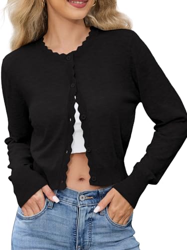 Lyrur Women's Scalloped Crewneck Cropped Cardigan Sweaters Long Sleeve Button Down Knit Bolero Shrug