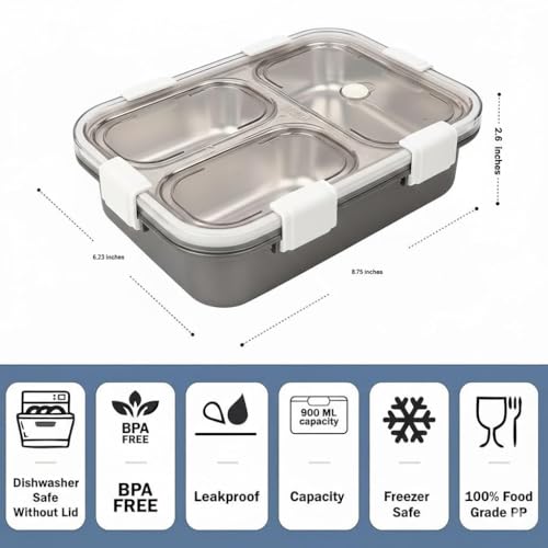 Image of Sanghariyat 3 Compartment Lunch Box Insulated Air Tight and Portable Utensils, Stainless Steel 100% Leak Proof with a Fork, a Spoon and a Pair of Chopsticks for School Kids -750Ml (Silver)