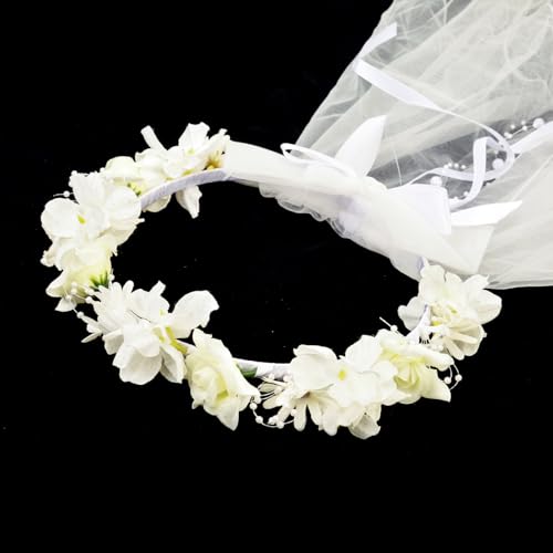 Image of Girls First Communion Holy Veil White Flower Headband Christening Headpiece