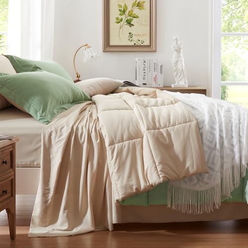 Anluoer Queen Comforter Set 7 Piece, Sage Green Bed in a Bag with Sheets, All Season Bedding Comforter Sets with 1 Comforter, 2 Pillow Shams, 2 Pillowcases, 1 Flat Sheet,1 Fitted Sheet