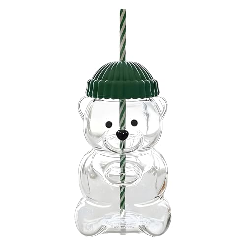 SKENGWEL Cute Bear Glass Cup Glass Bears Cup with Lid and Straw Bears Shaped Glass Cup
