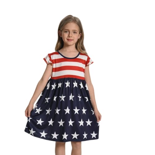 RONGTAI Girls 4th of July Dress Kids American Flag Patriotic Stars Striped Summer A Line Dresses for Kids Independence Day