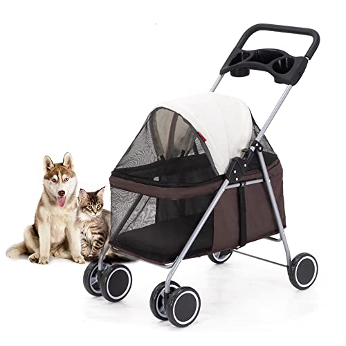Petmoon ペットカート 猫 犬 バギー 中型犬 多頭用 カート 小型犬 中型犬 犬用ベビーカー 3way 折りたたみ 四輪 介護用 お出かけ 軽量 組み立て簡単 前輪360°回転 後輪ブレーキ付 多機能 耐荷重15Kg (コーヒー色)