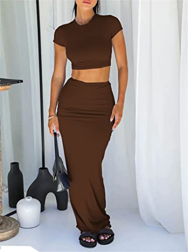 Image of Two Piece Skirt Set for Women 2 PC Y2K Outfits Short Sleeve Crop Tops Bodycon High Waist Long Maxi Skirts