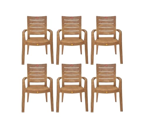 Image of Prima Plastic Chair for Living Room |Set of 6 | Chair for Home, Living Room, Outdoor | Stackable Chair with arm | 100% Virgin Plastic | Rado (Sandalwood Colour)