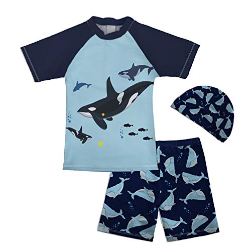 Renewold Baby Toddler Kids Boys Rashguard Swimsuit Bathing Suit, UV Sun Protection Swimwear, Summer Bathing Suit, Top and Trunk Hat 3pcs Set Whale Sea 5-14 Years
