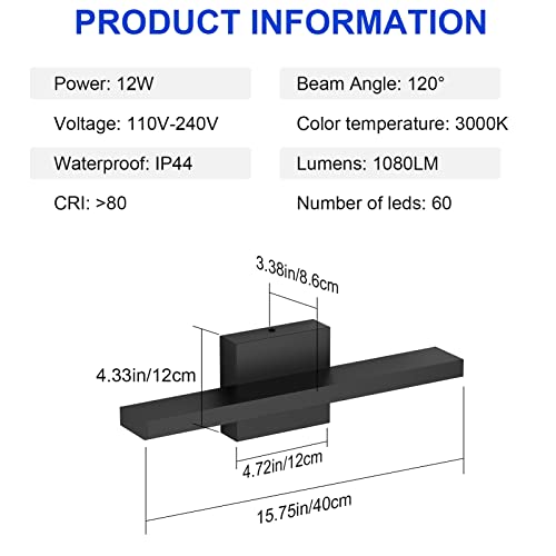 Klighten LED Spiegelleuchte Bad 40cm, 12W IP44 Badezimmer Lampe Wand, Spiegellampe für bad, Badlampe Badleuchte wand Modern, 1080LM, 3000K Warmweiß, 60 LEDs, 110V-240V, Schwarz