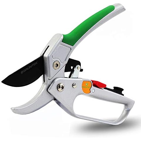 GRÜNTEK Secateurs CONDOR 200 mm, automatic ratchet, Ø20 mm, SK5 blade, aluminium handles with PVC coating, incl. oil sponge and sharpener Cover
