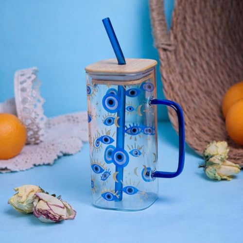 Image of FUNKYFINDS Evil Eye Glass Coffee Cup with Handle 400 ml Glass Can for Hot /Cold Beverages Cappuccino Latte Espresso Beer Hamsa Blue Evil Eye for Protection Tumbler Mug Heat-Resistant and Freezer Safe