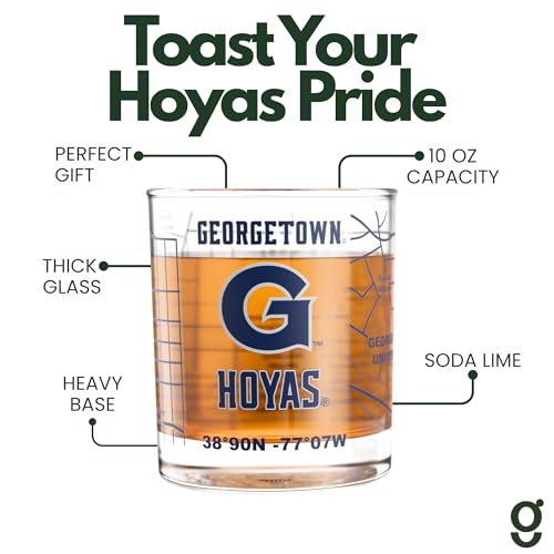 Image of Greenline Goods Georgetown University Hoyas Whiskey Glasses Set of 2, 10 oz Rocks Glasses with Full-Color Logo & Campus Map - Officially Licensed Bourbon Glass Gift for Alumni & Fans