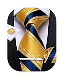 DiBanGu Mens Striped Tie Silk Woven Necktie and Pocket Square Cufflinks Tie Clip Set Wedding Business Formal, Yellow and Blue