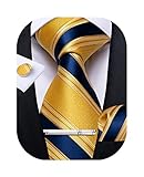 DiBanGu Mens Formal Striped Ties Blue and Gold Necktie Tie Clip Handkerchief Cufflinks Set