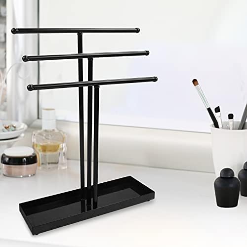 BELLE VOUS Black Metal 3 Tier Jewellery Display Stand & Storage Base Tray Holder - Tree Tabletop Hanging Organiser - Hanger for Necklaces, Bracelets, Rings, Watches & Earrings