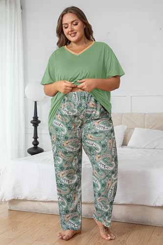 Image of Vozanet Women's Pajama Sets Short Sleeve with Long Pant Soft Sleepwear Printed pj Loungewear With TWO Pockets Size 1X to 5X