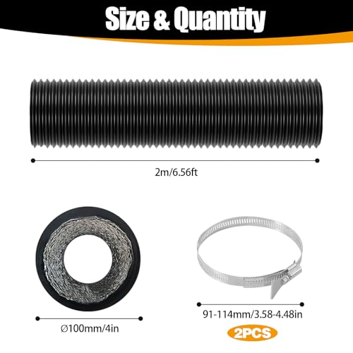 TAIHOBO Abluftschlauch 100mm Durchmesser Länge 2m, Flexibel Abluftrohr 100mm/3.94in, PVC Alurohr Schlauch mit 2 Schlauchschelle Edelstahl, Abluftschlauch Trockner für Klimaanlage Abzugshaube