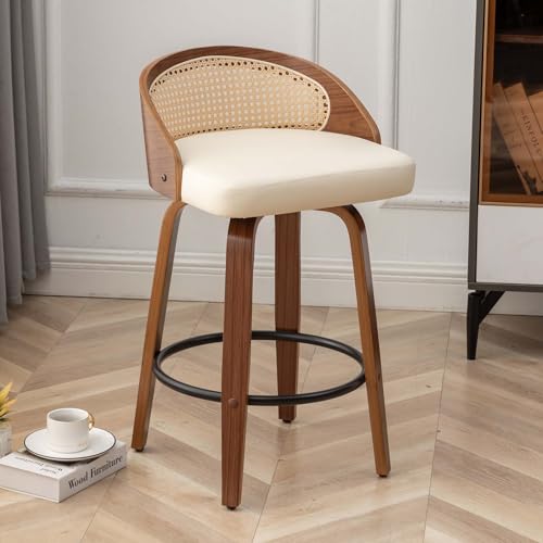 Image of 30 inch Swivel Rattan Bar Stools Mid-Century Modern Faux Leather Upholstered Bar Height Stools Kitchen Island Barstool with Rattan Low Backrest,Walnut Wood Finish Bar Chairs,Beige PU,1PCS