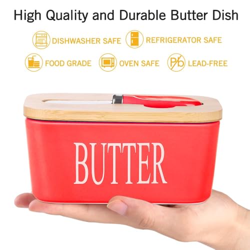 Image of Ceramic Butter Dish with Wooden Lid and Stainless Steel Knife, Large Butter Container Keeper with Bamboo Cover and Silicone Sealing Ring for West and East Coast Butter (Red)