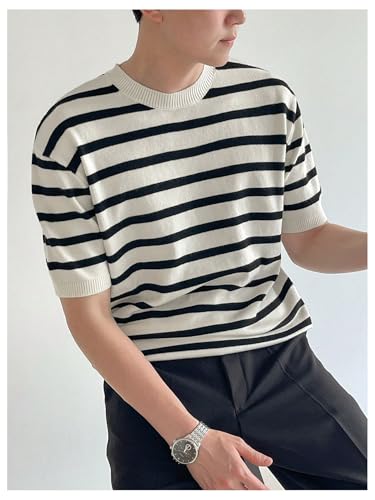 Men's Striped Short Sleeve Sweaters Half Sleeve Crew Neck Casual Knit Tops2
