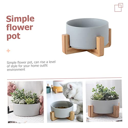 Jardinière céramique anti fuite pot succulente support bois - 6