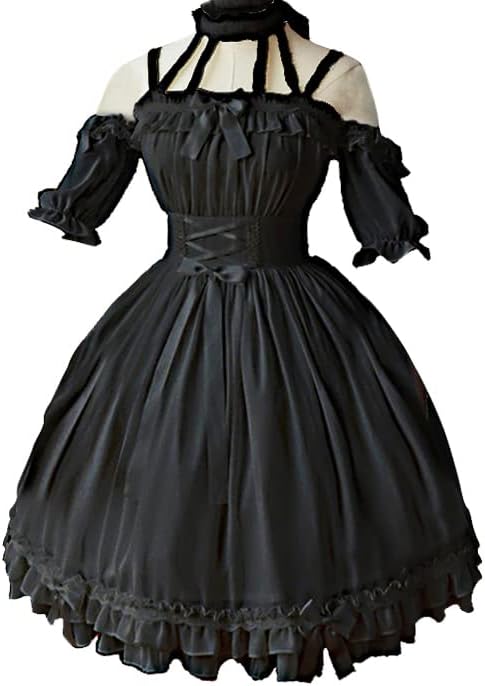 Mingyuezai Halloween Gothic Elegant Suspender Short Sleeve Party Dress with Ruffled Costume Dress - Image 4