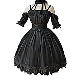 Mingyuezai Halloween Gothic Elegant Suspender Short Sleeve Party Dress with Ruffled Costume Dress(M,Black)