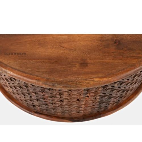 Image of Wooden Coffee Table for Living Room | Handcrafted Solid Wood Round Center Table with Carved Jaali Design | Coffee Table for Home Decor | Tea Table for Bedroom & Office (Honey)