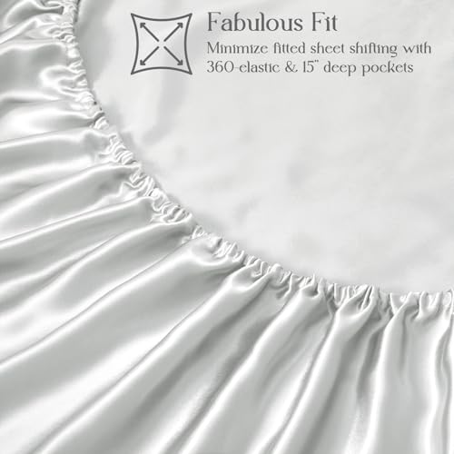 Image of Homiest Light Grey King Ruffle Pillowcase & Satin Fitted Sheet Set 3Pcs | Silky Satin Protects Hair And Skin, 15-Inch Deep Pocket, Pearlescent Soft Calming Tone, Easy Machine Wash Care