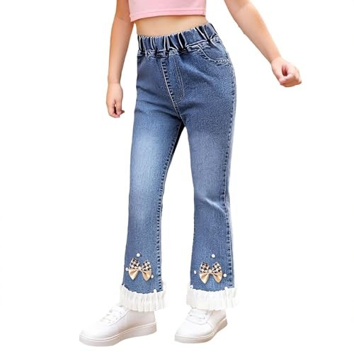 Girls Pearl Bow Knot Denim Jeans Elastic Waist Raw Hem Bell Bottom Jeans Y2k Trendy Cute Flare Leg Pant with Pocket