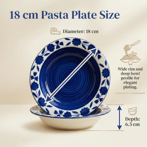 Image of Ceramic Pasta Bowls Set of 2 | 7 Inch Handmade Deep Soup Plates | Microwave Oven Safe Serving Bowls | Floral Hand-Painted Stoneware Salad Bowls (2, Blue & White)