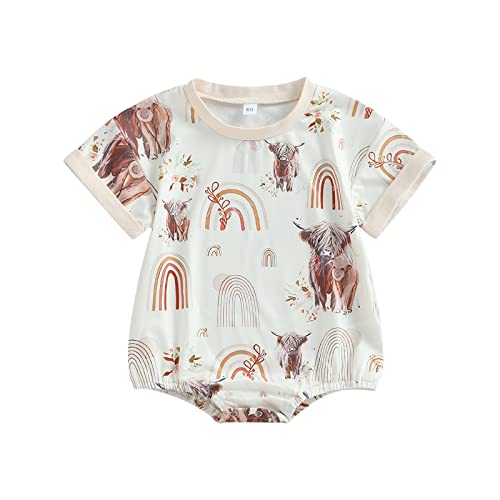 Image of Kayotuas Western Baby Boy Girl Clothes Cow Print Bubble Romper Oversized Short Sleeve Tshirt Bodysuit Infant Summer Outfits