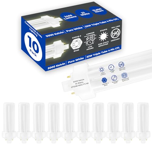 Image of GoodBulb 32 Watt CFL Light Bulbs 4 Pin GX24Q-3 Base 5000K Daylight 32W High Output 2400 Lumens Triple Tube Compact Fluorescent Light Bulbs Plug-in 10 Pack