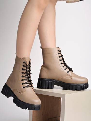 Image of Shoetopia Women's Combat Boots - Chunky Platform Lace-Up || Ankle Boots with Lug Sole Leather Fashion Boots for Fall & Winter