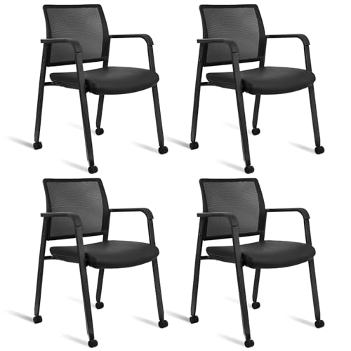 Image of CLATINA Mesh Back Guest Reception Stacking Chair with Wheels, Waiting Room Stackable Chairs with Upholstered Leather Seat & Ergonomic Lumbar Support for Office Conference School Lobby, Black, 4 Pack