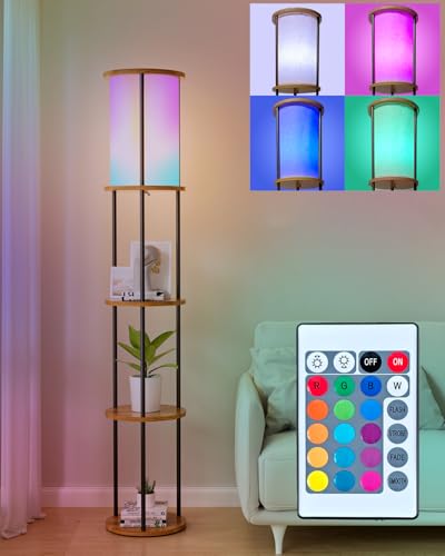 Image of Lightdot 61 inch RGB Floor Lamp with Shelves, 3-Tier Storage Smart Remote Control Standing Lamp with Fabric Shade, Bulb Included, Dimmable Floor Lamps for Living Room /Sofa Beside /Corner Decor (Black)