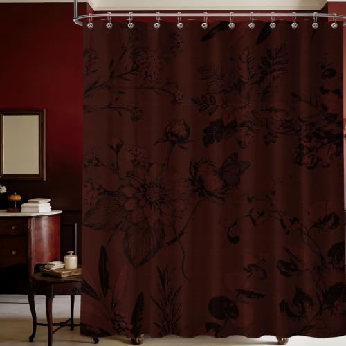 soeeao Dark Red Vintage Botanical Shower Curtain Black and Burgundy Floral Shower Curtains for Bathroom Decor Sets Maroon Pattern Waterproof Polyester Fabric with Hooks 70x72 in