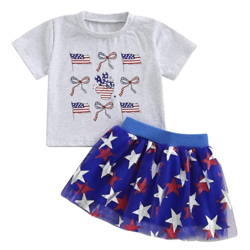 Image of Kayotuas Toddler Baby Girl 4th of July Outfit American Flag Shirt Red Blue Stars Tulle Tutu Skirts Kids Fourth of July Dress