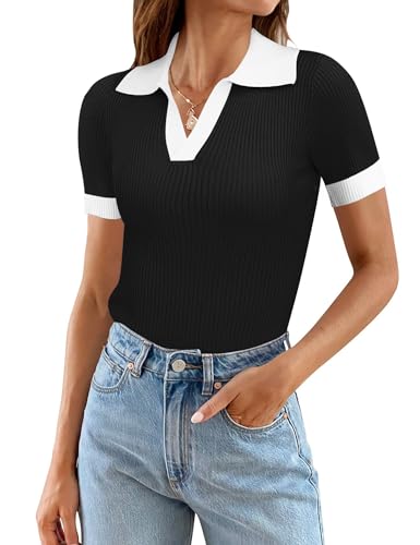 Ivicoer Womens 2025 Summer V Neck Short Sleeve T Shirts Slim Fitted Ribbed Knit Casual Tee Tops